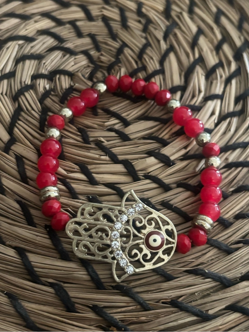 Red Beaded Hamsa Hand Bracelet with Crystal Accent